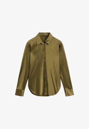 Camicia verde oliva a maniche lunghe con colletto classico, chiusura a bottoni, orlo arrotondato e superficie liscia. Presenta polsini leggermente strutturati.