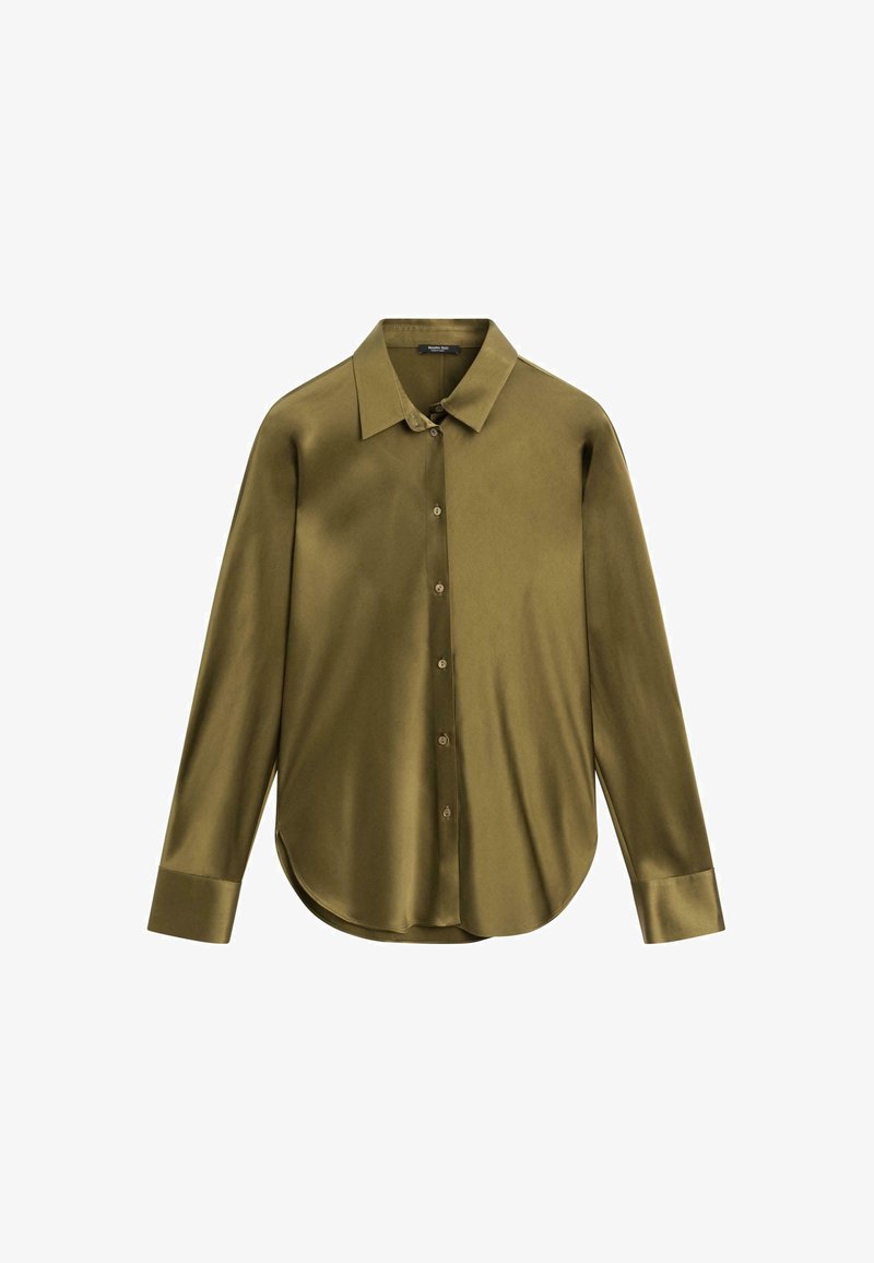 Camicia verde oliva a maniche lunghe con colletto classico, chiusura a bottoni, orlo arrotondato e superficie liscia. Presenta polsini leggermente strutturati.