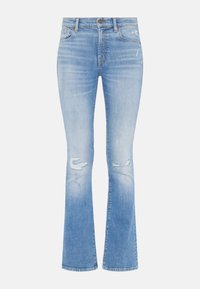 Jeans a zampa d'elefante di un blu chiaro realizzati in denim. Presentano dettagli strappati con buchi sulle ginocchia e un lavaggio sbiadito. Chiusura standard con bottone e zip.