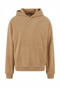 Sweat à capuche beige avec motif à carreaux texturé, poche kangourou à l'avant, poignets et ourlet côtelés.