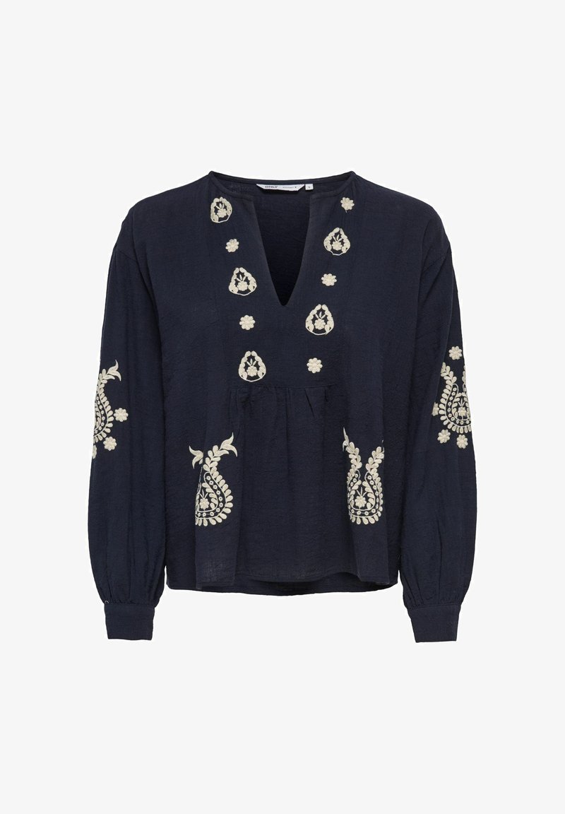 Blouse à manches longues bleu marine avec broderie florale blanche le long du col, des manches et de l'avant, dotée d'un col en V et d'un détail de taille froncée.