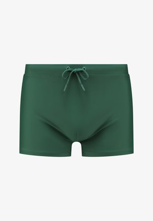 Costum de baie verde închis, cu un șnur la talie, textură netedă și design ajustat. Prezintă o marcă minimă în colțul din dreapta jos.