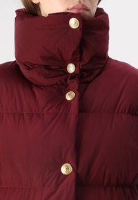 Bordeauxfarbene Steppjacke mit hohem Kragen, großen goldenen Knöpfen und einer glatten, glänzenden Textur. Fokus auf Wärme und Bedeckung.