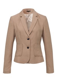 Beige blazer med tekstureret stof, to forlommer, notch-lapel og sorte knapper til lukning. Foeret indvendig.
