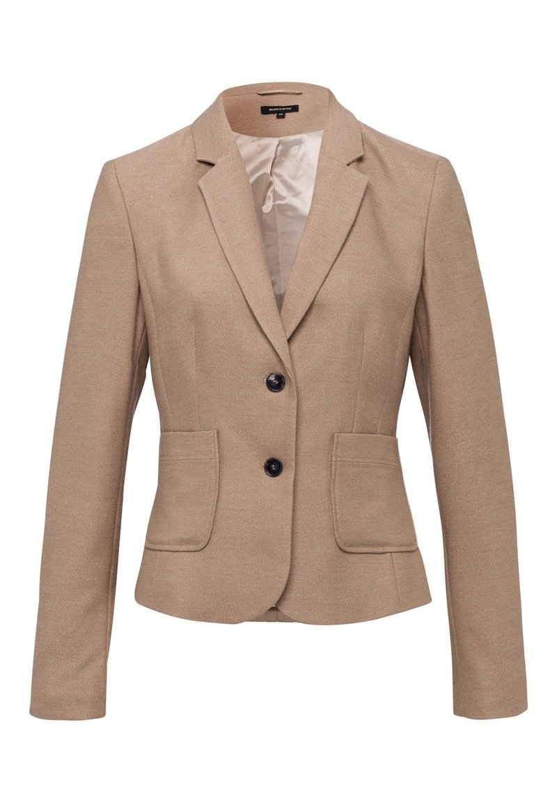Beige blazer med tekstureret stof, to forlommer, notch-lapel og sorte knapper til lukning. Foeret indvendig.