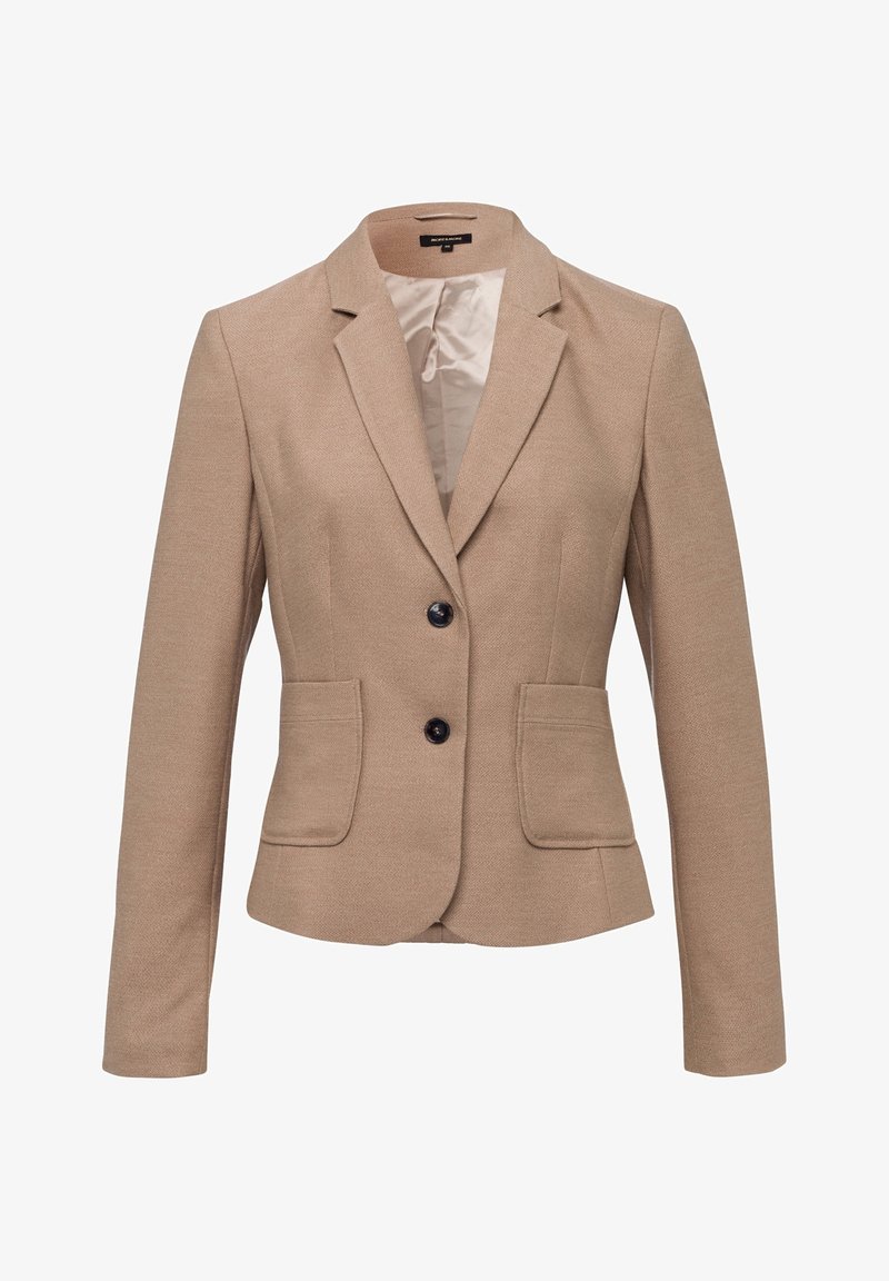Beige blazer med tekstureret stof, to forlommer, notch-lapel og sorte knapper til lukning. Foeret indvendig.
