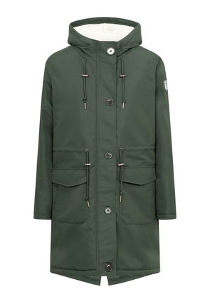 Grüne, mittelange Parkajacke aus wasserabweisendem Material. Mit Kapuze, Fleece-Fütterung, zwei Fronttaschen und metallischen Akzenten.