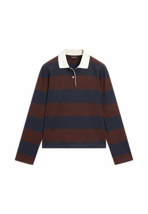 Polo a maniche lunghe con larghe strisce orizzontali blu navy e marroni e colletto bianco, dotata di una pattina con due bottoni.