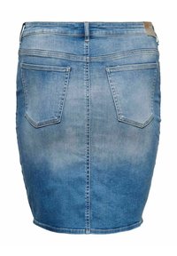 Gonna di jeans azzurro chiaro, design aderente con lunghezza a metà coscia. Presenta finte tasche frontali, due tasche posteriori e chiusura con cerniera.