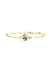 Bracciale in oro con una pietra rosa rotonda al centro, dotato di ulteriori maglie più piccole su entrambi i lati e una chiusura sicura.