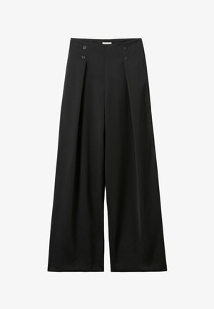 Pantaloni neri a gamba larga realizzati in materiale liscio, con vita alta, due bottoni decorativi e pieghe frontali per un tocco di dettaglio in più.