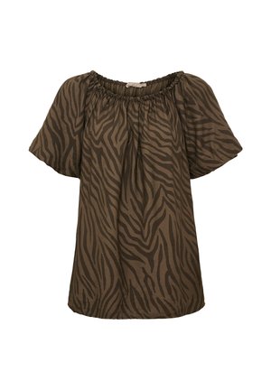 Brun kortærmet bluse med elastisk udskæring og mørkt zebra-lignende striber mønster på let vævet stof.