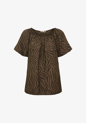 Brun kortærmet bluse med elastisk udskæring og mørkt zebra-lignende striber mønster på let vævet stof.