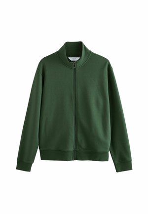 Dark green zip-up sweatshirt with a high collar, made from smooth fabric, featuring ribbed cuffs and a clean, minimalistic design.