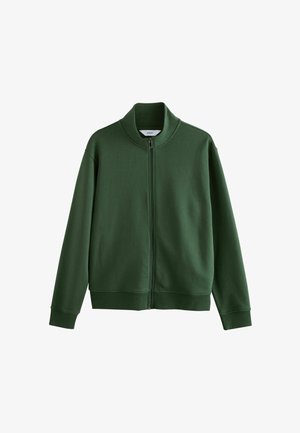 Ciemnozielona bluza zapinana na zamek z wysokim kołnierzem, wykonana z gładkiego materiału, z ściągaczami na mankietach i czystym, minimalistycznym wzornictwem.