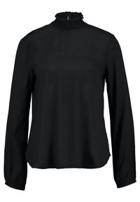 Blusa nera a maniche lunghe con colletto alto a volant e polsini arricciati, vestibilità ampia, tessuto morbido.