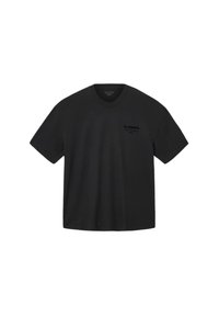 Schwarzes Baumwoll-T-Shirt mit lässiger Passform. Mit Rundhalsausschnitt und dezentem Logo-Druck auf der linken Brust. Kurze Ärmel, einfarbig.