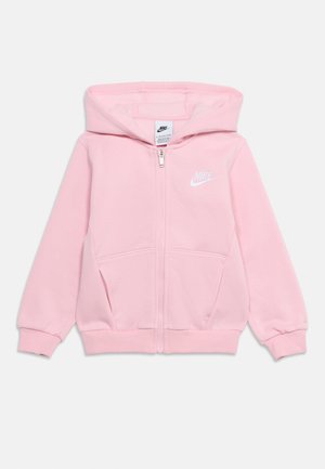 Hele-roosa lukkuga kapuutsiga dressipluus esitaskute, soonikkoes varruka- ja alumise äärega, kapuutsi ning valge Nike logoga vasakul rinnal.