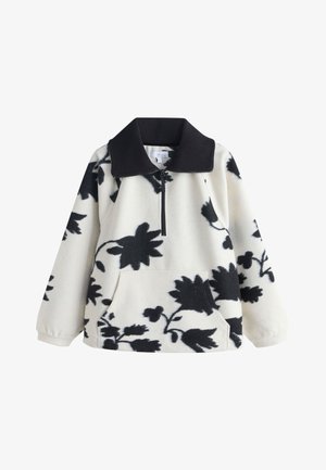 Weißer Fleece-Pullover mit schwarzem Blumenmuster, schwarzem Rippkragen, halbem Reißverschluss, langen Ärmeln und vorderer Kängurutasche.