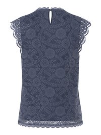 Tengerészkék csipkés, ujjatlan blúz virágmintákkal, hullámos szegélyekkel és egy kis kulcslyuk gombos záródással a hátulján, a nyakkivágásnál.