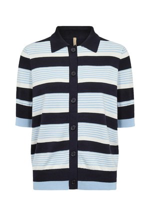 Rövid ujjú, gombos kardigán váltakozó széles tengerészkék, fehér és világoskék vízszintes csíkokkal és tengerészkék gallérral.