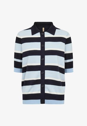 Kardigan s kratkimi rokavi na gumbe z izmeničnimi širokimi vodoravnimi črtami v mornarsko modri, beli in svetlo modri barvi ter mornarsko modrim ovratnikom.