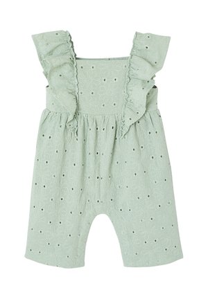 Minzgrüner Baby-Strampler mit floraler Lochstickerei und gerüschten Trägern.