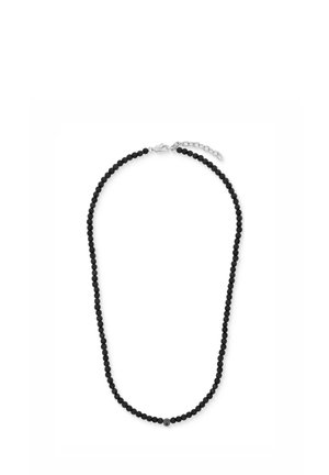 Black beaded necklace with a silver clasp and a single silver bead with engraved design centered at the front.