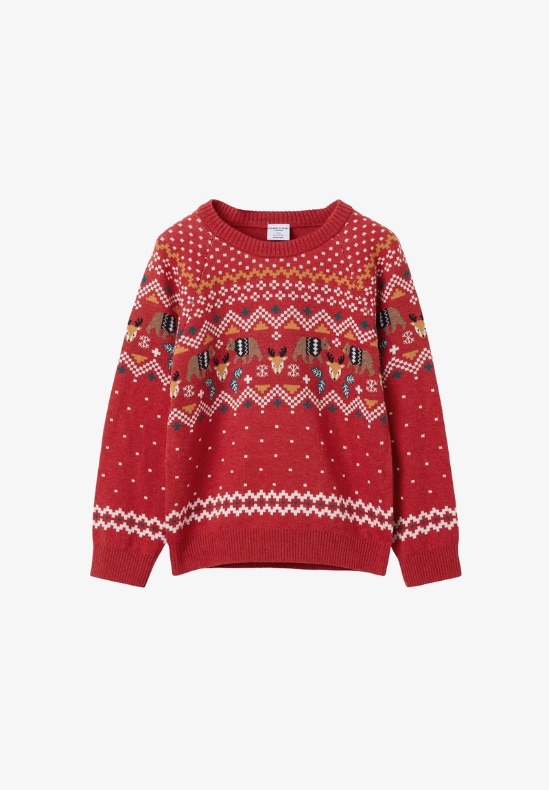 Pull en tricot rouge avec des motifs blancs, jaunes et verts représentant des ours, des têtes de cerf, des flocons de neige et des formes géométriques sur le devant et les manches.
