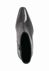 Black leather ankle boot with a pointed toe, smooth texture, side zipper closure, and a sleek, fitted design. Top view emphasizes shape.