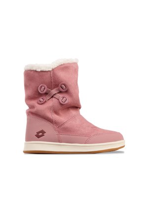 Pink mid-calf suede boot with white fleece lining, decorative loops with laces on the side, and a light rubber sole.
