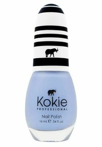 Kokie Professionell nagellack i ljusblått, med en elegant rund flaska med svarta ränder och en elefantgrafik, 16 mL.