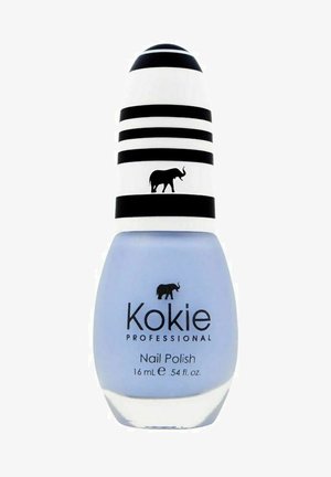 Kokie ammattimainen kynsilakka vaaleansinisena, elegantissa pyöreässä pullossa mustilla raidoilla ja norsugrafiikalla, 16 ml koko.