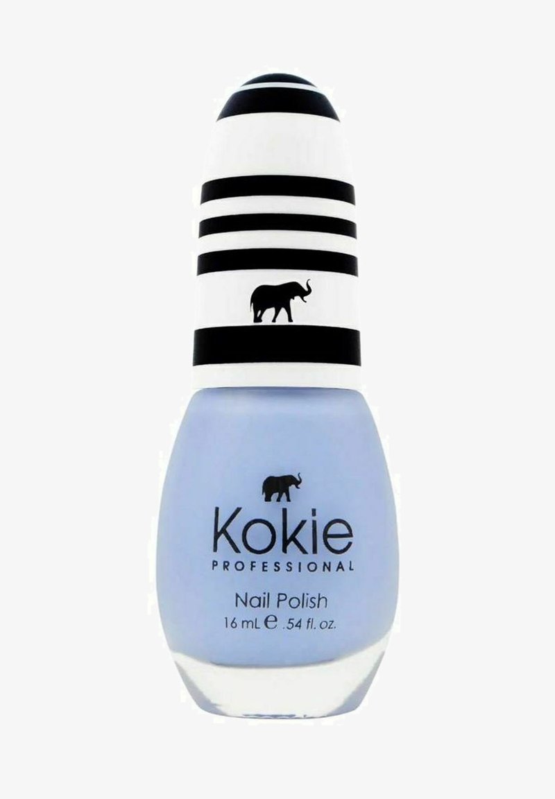 Kokie ammattimainen kynsilakka vaaleansinisena, elegantissa pyöreässä pullossa mustilla raidoilla ja norsugrafiikalla, 16 ml koko.