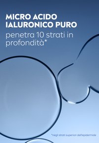 Gocce traslucide blu di acido ialuronico su uno sfondo sfumato, con testo chiaro che illustra i benefici del prodotto.