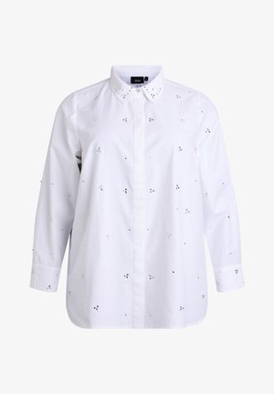 White button-up shirt with silver embellishments, long sleeves, and a classic collar. Features subtle floral patterns and a straight hem.