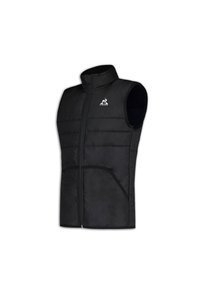 Veste sans manches noire avec un col haut, fermeture éclair à l'avant, rembourrage horizontal et deux poches latérales. Logo affiché en haut à gauche.