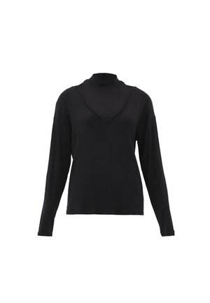 Zwarte trui met lange mouwen, voorzien van een coltrui, een driehoekige uitsnijding bij de hals en een gladde stof met contrasterende stikdetails.