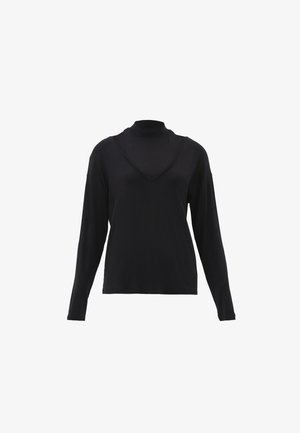 Pull noir à manches longues avec un col montant imitation col roulé, une découpe triangulaire au niveau de l'encolure et un tissu lisse avec un détail de couture contrastante.