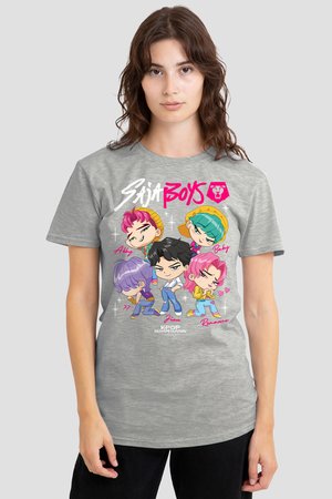 Young woman wearing gray t-shirt with colorful cartoon K-pop characters labeled Abby, Baby, Jinu, Romance, and question marks.