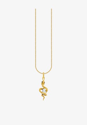 Goldene Schlangenanhänger-Halskette mit strukturiertem Design, einem klaren Tropfen-förmigen Edelstein und schwarzen Akzenten an einer filigranen Kette.