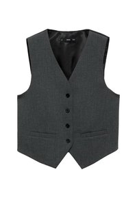 Graues Stoffweste mit V-Ausschnitt, sechs schwarzen Knöpfen, zwei Fronttaschen und einem glatten Innenfutter. Taillierte Passform, ärmellos.