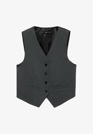 Graues Stoffweste mit V-Ausschnitt, sechs schwarzen Knöpfen, zwei Fronttaschen und einem glatten Innenfutter. Taillierte Passform, ärmellos.