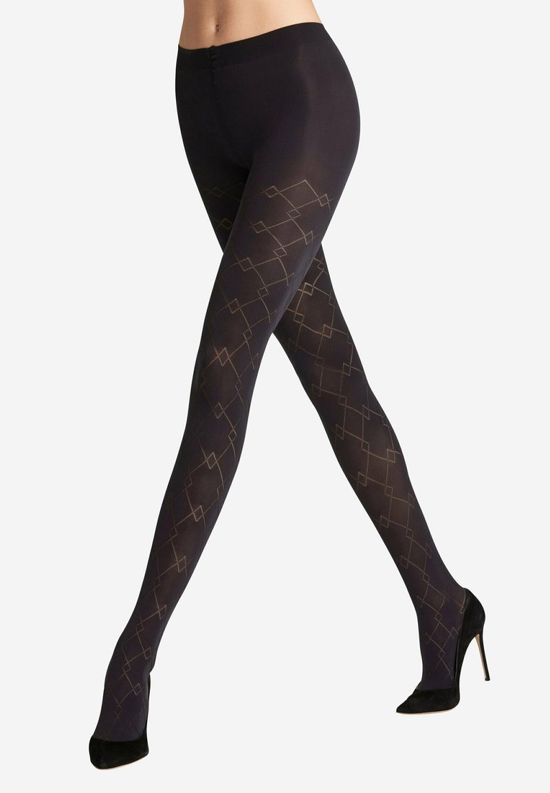 Collant neri con un motivo geometrico testurizzato in oro. Finitura liscia e design opaco che arriva fino alla vita. Indossate scarpe nere con tacco alto.