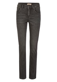 Jeans de mezclilla negra con un diseño de pierna recta, que cuentan con cinco bolsillos, pasadores para cinturón y un sutil desgastado en la parte frontal.