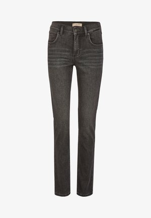 Jeans de mezclilla negra con un diseño de pierna recta, que cuentan con cinco bolsillos, pasadores para cinturón y un sutil desgastado en la parte frontal.