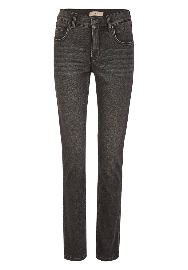 Jeans de mezclilla negra con un diseño de pierna recta, que cuentan con cinco bolsillos, pasadores para cinturón y un sutil desgastado en la parte frontal.