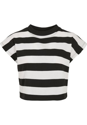 T-shirt court à manches courtes à rayures horizontales noires et blanches avec un col rond.