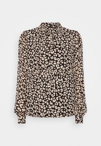 Blouse noire à manches longues, décorée d'un imprimé léopard en beige et crème. Encolure plissée et poignets élastiques, tissu léger.