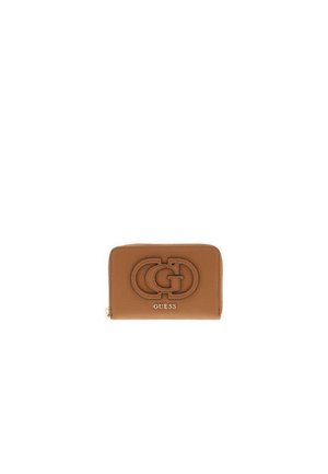 Portafoglio marrone con zip, logo GG in rilievo e nome del marchio Guess sul pannello frontale.